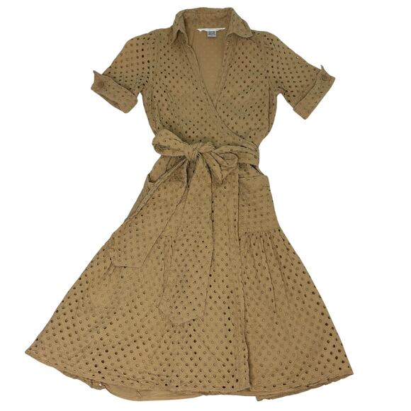 Diane Von Furstenburg Taffy Tan Eyelet Lace Wrap Cotton Belted Midi Dress 6 - Picture 2 of 11